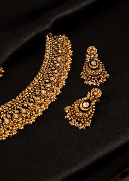 Premium Gold Plated Choker Necklace Set/ Indian Bridal Necklace/ Antique Jewelry/ Wedding Jewelry/ Kundan Jewelry/ Golden Beads Necklace