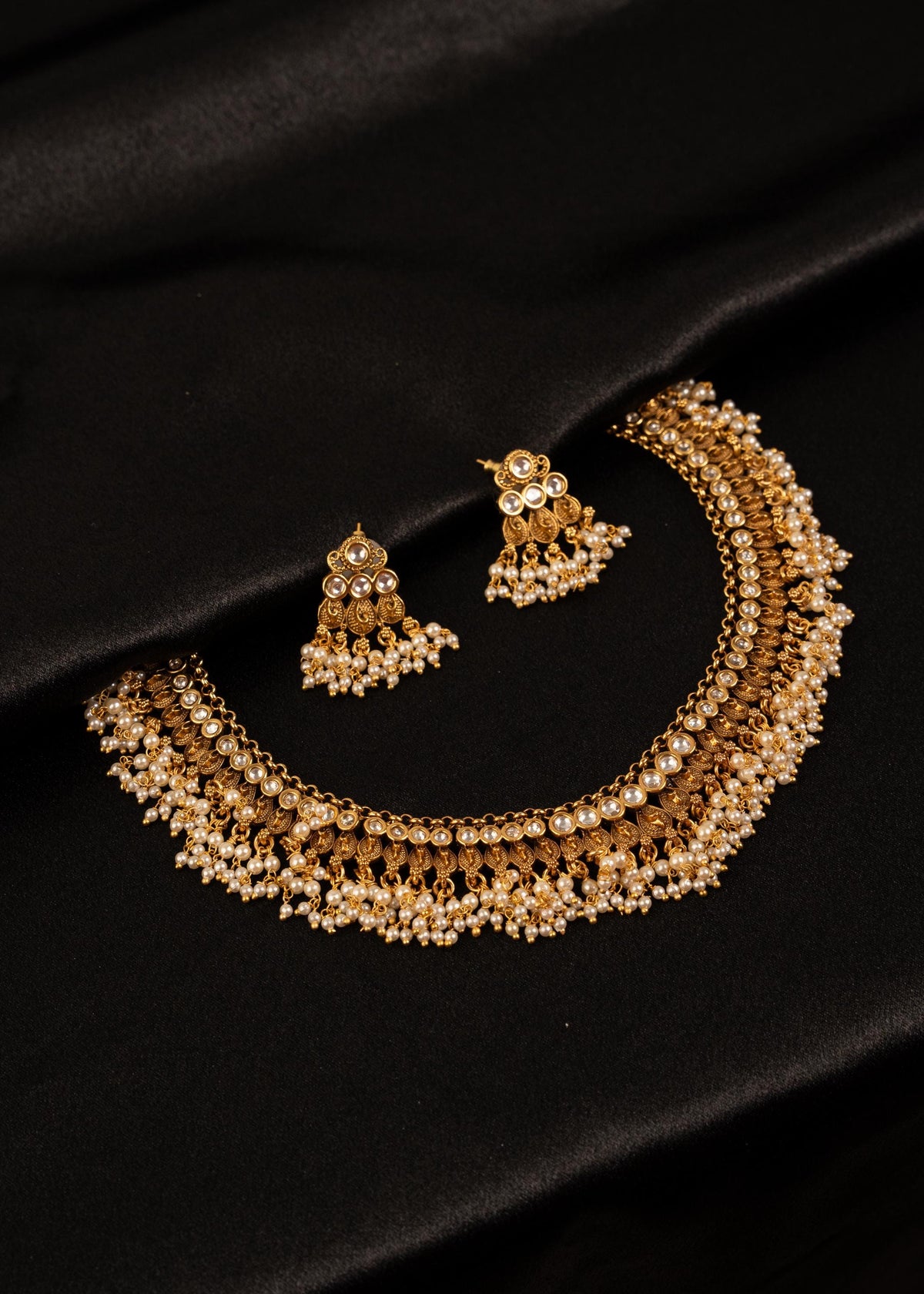 Antique Gold Plated Choker Necklace Set/ Indian Wedding Necklace/ Beaded Jewelry/ Statement Necklace/ Bridal Necklace/ Minimalistic Necklace