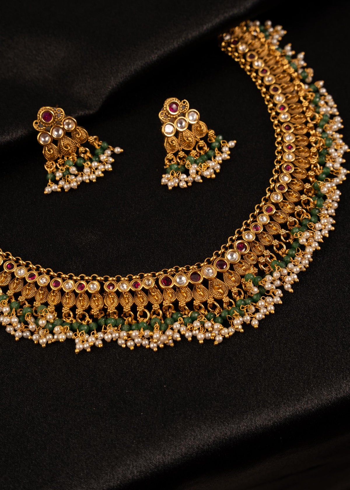 Antique Gold Plated Choker Necklace Set/ Indian Wedding Necklace/ Beaded Jewelry/ Statement Necklace/ Bridal Necklace/ Minimalistic Necklace