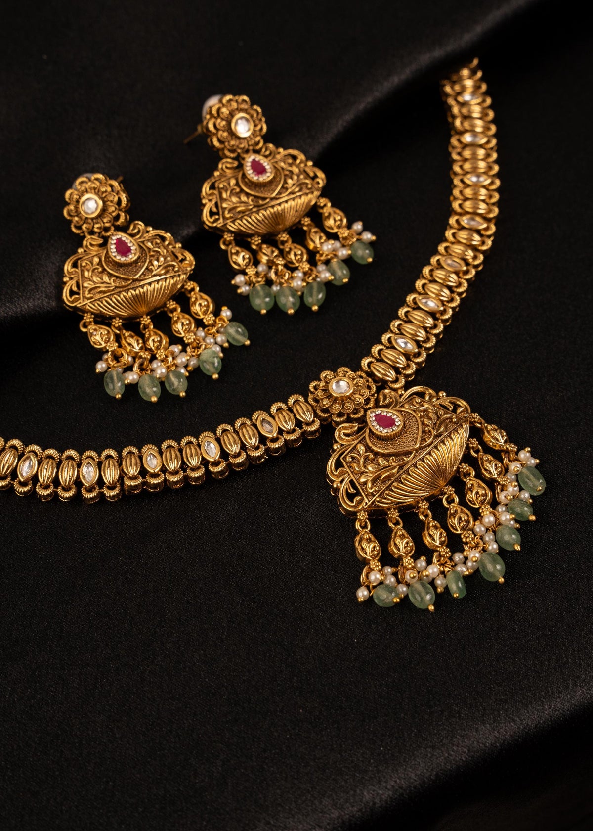Exclusive Gold Plated Pendant Necklace Set/ One Gram Gold Necklace/ Antique Gold Jewelry/ South Indian Jewelry/ Kundan Statement Necklace