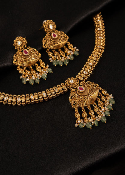 Exclusive Gold Plated Pendant Necklace Set/ One Gram Gold Necklace/ Antique Gold Jewelry/ South Indian Jewelry/ Kundan Statement Necklace