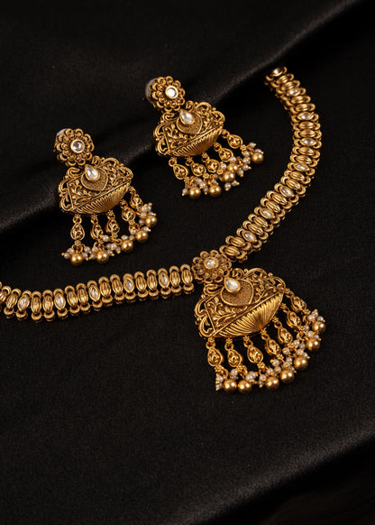 Exclusive Gold Plated Pendant Necklace Set/ One Gram Gold Necklace/ Antique Gold Jewelry/ South Indian Jewelry/ Kundan Statement Necklace