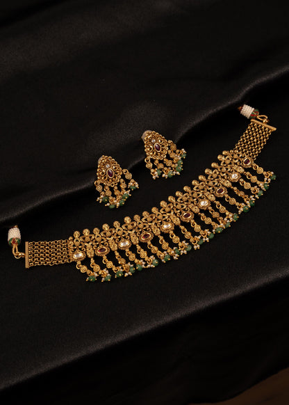 Gold Plated Kundan Choker Necklace Set/ Beaded Necklace with Small Earrings/ Statement Necklace/ Minimalistic Necklace/ Ruby/ Green/ Antique