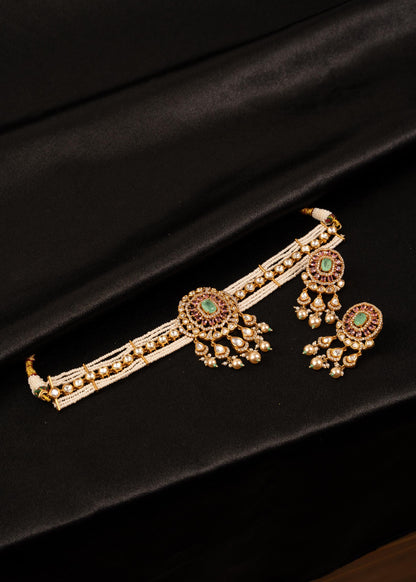 Moissanite Choker Necklace Set/ Pearl Necklace/ Indian Wedding Jewelry/ Bridal Necklace/ Ruby Mint Necklace/ Statement Necklace/ Gold Plated