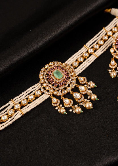 Moissanite Choker Necklace Set/ Pearl Necklace/ Indian Wedding Jewelry/ Bridal Necklace/ Ruby Mint Necklace/ Statement Necklace/ Gold Plated