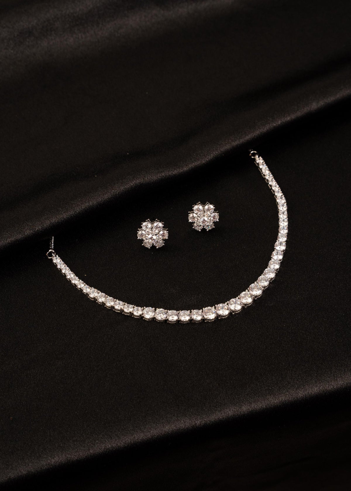 American Diamond Necklace Set with Studs/ AD Tennis Necklace/ Wedding Jewellery/ Crystal Statement Necklace/ AD Choker Necklace