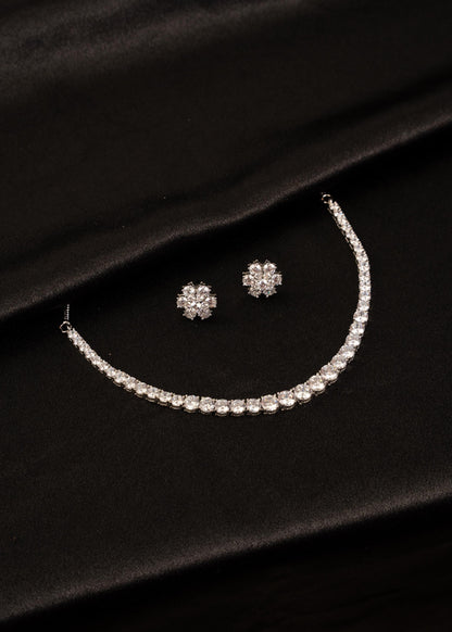 American Diamond Necklace Set with Studs/ AD Tennis Necklace/ Wedding Jewellery/ Crystal Statement Necklace/ AD Choker Necklace