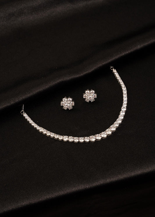 American Diamond Necklace Set with Studs/ AD Tennis Necklace/ Wedding Jewellery/ Crystal Statement Necklace/ AD Choker Necklace
