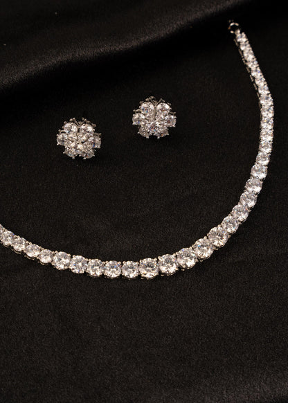 American Diamond Necklace Set with Studs/ AD Tennis Necklace/ Wedding Jewellery/ Crystal Statement Necklace/ AD Choker Necklace