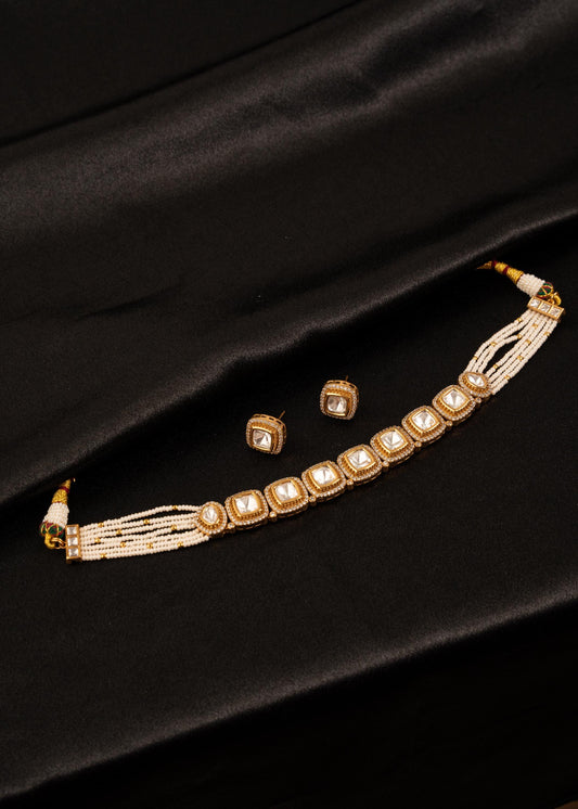 Kundan Pearl Necklace Set/ Multi Strand Bridal Necklace/ Gold Plated Necklace/ Minimalistic Jewelry/ Indian Wedding Jewelry/ White Pearl
