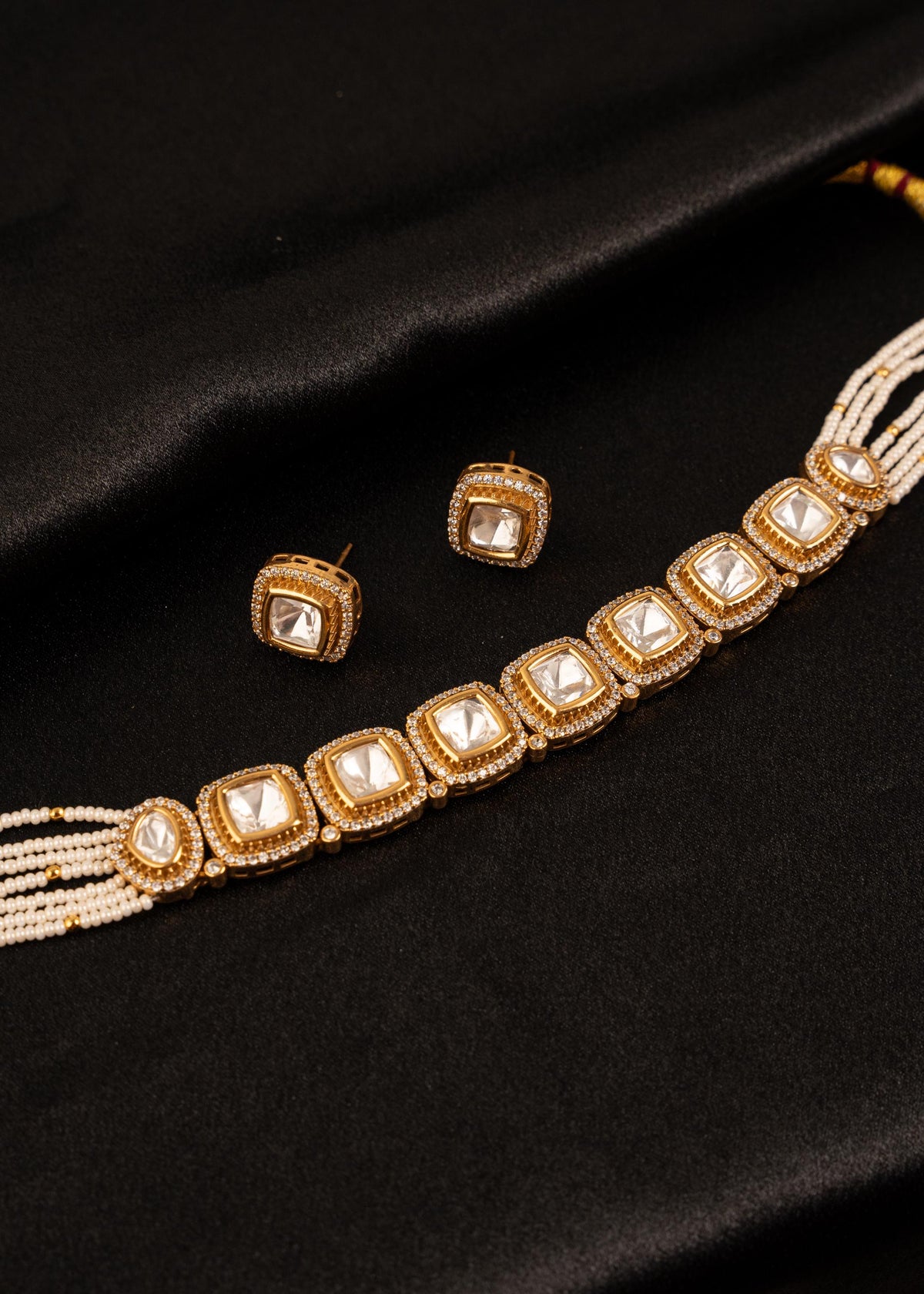 Kundan Pearl Necklace Set/ Multi Strand Bridal Necklace/ Gold Plated Necklace/ Minimalistic Jewelry/ Indian Wedding Jewelry/ White Pearl