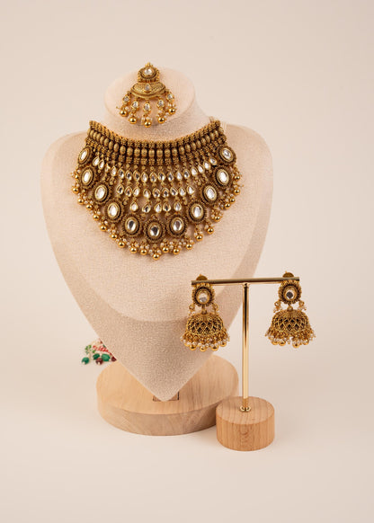 Premium Gold Plated Waterfall Choker Necklace Set/ Antique Jewelry/ Indian Wedding Jewelry/ Bridal Jewelry/ Statement Jewelry/ Green Beads