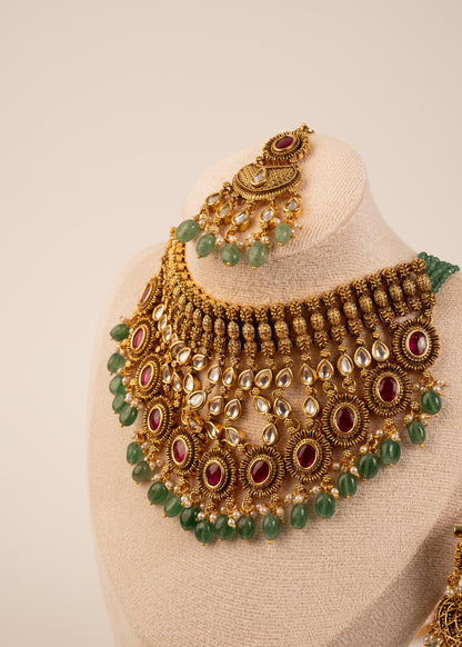 Premium Gold Plated Waterfall Choker Necklace Set/ Antique Jewelry/ Indian Wedding Jewelry/ Bridal Jewelry/ Statement Jewelry/ Green Beads