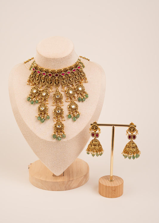 Kundan Waterfall Choker Necklace Set/ Indian Bridal Jewelry/ Statement Necklace Set/ Wedding Jewelry/ Pakistani Jewelry/ Jhumkas/ Pink