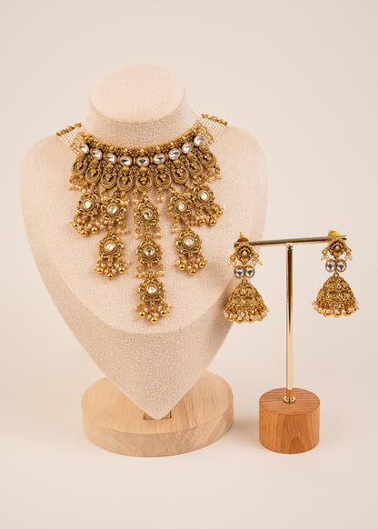 Kundan Waterfall Choker Necklace Set/ Indian Bridal Jewelry/ Statement Necklace Set/ Wedding Jewelry/ Pakistani Jewelry/ Jhumkas/ Pink