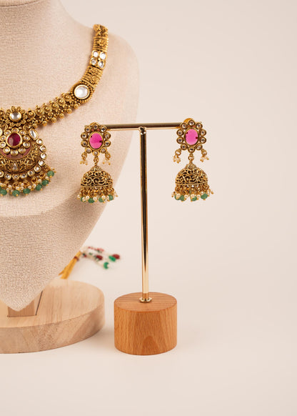 Gold Plated Kundan Pendant Necklace Set/ Indian Wedding Necklace/ Statement Jewelry/ Bridal Necklace/ Antique Jewelry/ Ruby/ Jhumki Earrings
