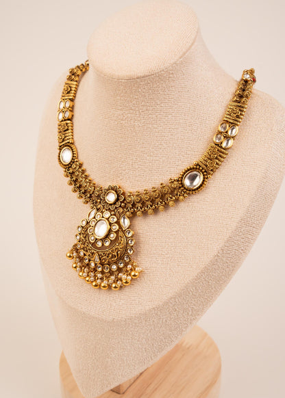 Gold Plated Kundan Pendant Necklace Set/ Indian Wedding Necklace/ Statement Jewelry/ Bridal Necklace/ Antique Jewelry/ Ruby/ Jhumki Earrings