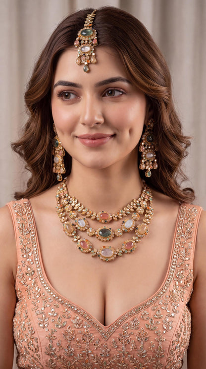 Sabyasachi Inspired Triple Layered Choker Necklace set With Maang Tikka/ Multicolor Statement Necklace Set/ Kundan Bridal Jewelry/Peach __etsy:8661736010