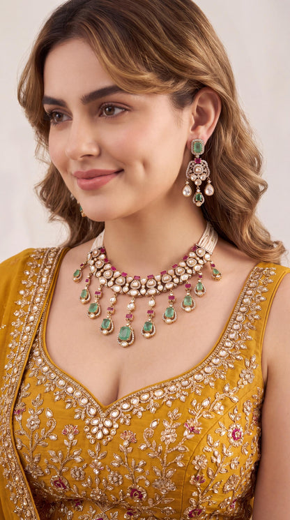 Exclusive Moissanite Choker Necklace Set/ Indian Statement Necklace/ Ruby Green Kundan Necklace Set/ Bridal Necklace/ Bridesmaid Jewelry __etsy:8661873446