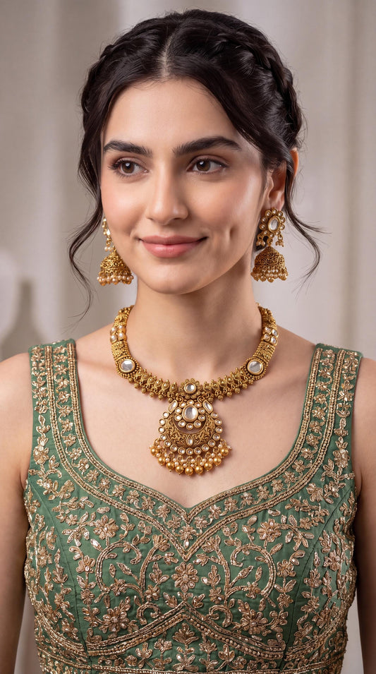 Gold Plated Kundan Pendant Necklace Set/ Indian Wedding Necklace/ Statement Jewelry/ Bridal Necklace/ Antique Jewelry/ Ruby/ Jhumki Earrings __etsy:8672020928