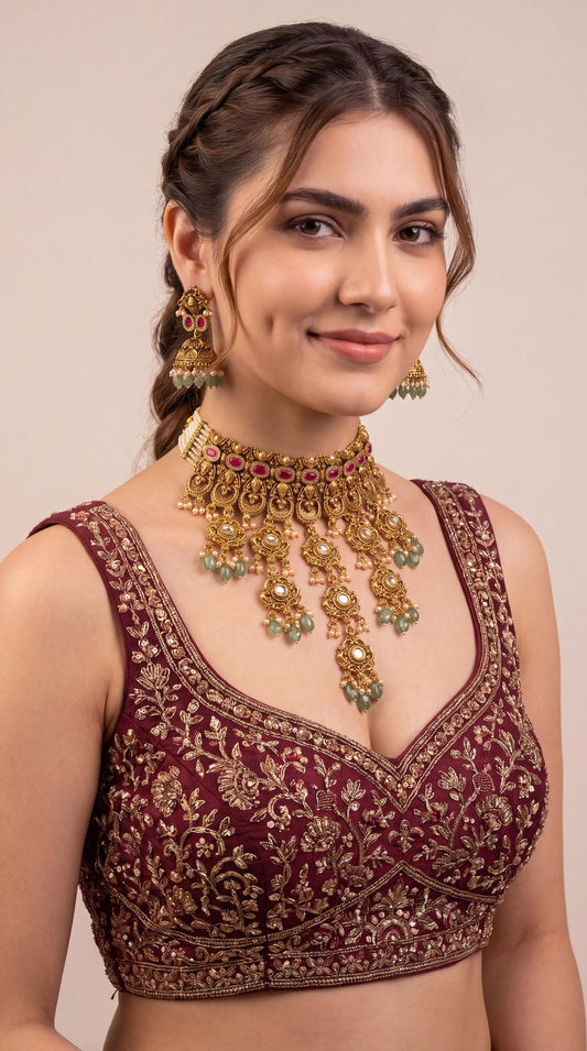 Kundan Waterfall Choker Necklace Set/ Indian Bridal Jewelry/ Statement Necklace Set/ Wedding Jewelry/ Pakistani Jewelry/ Jhumkas/ Pink __etsy:8672093256
