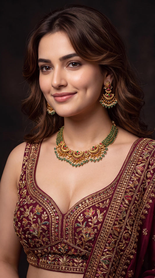 Exclusive Kundan Pearl Choker Necklace Set/ South Indian Jewelry/ Bridal Necklace Set/ Statement Jewelry/ Green/ Ivory/ Gold Plated Necklace __etsy:8672122382