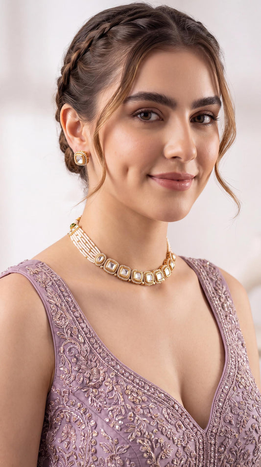 Kundan Pearl Necklace Set/ Multi Strand Bridal Necklace/ Gold Plated Necklace/ Minimalistic Jewelry/ Indian Wedding Jewelry/ White Pearl __etsy:8684064397