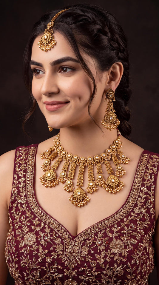 Exclusive Antique Gold Plated Choker Necklace Set/ Kundan Waterfall Necklace/ Indian Bridal Jewelry/ Wedding Necklace/ Traditional Jewelry __etsy:8684071861