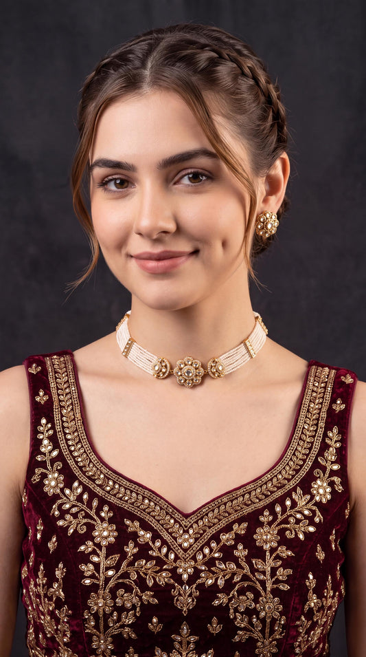 Premium Kundan Sleek Choker Necklace Set With Studs/ Indian Wedding Jewelry/ Minimalistic Necklace/ Pearl Jewelry/ Statement Necklace/ White __etsy:8716498273