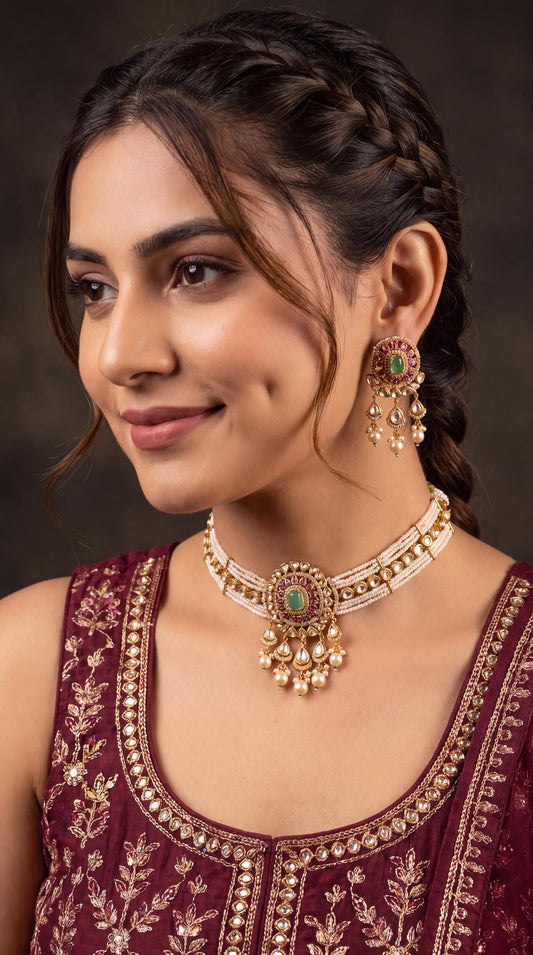Moissanite Choker Necklace Set/ Pearl Necklace/ Indian Wedding Jewelry/ Bridal Necklace/ Ruby Mint Necklace/ Statement Necklace/ Gold Plated __etsy:8719828145