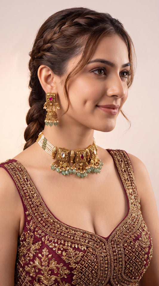 Gold Plated Kundan Choker Necklace Set/ Traditional Jewelry/ Indian Wedding Necklace/ Bridal Jewelry/ Statement Necklace/ Bridesmaid Jewelry __etsy:8719862209