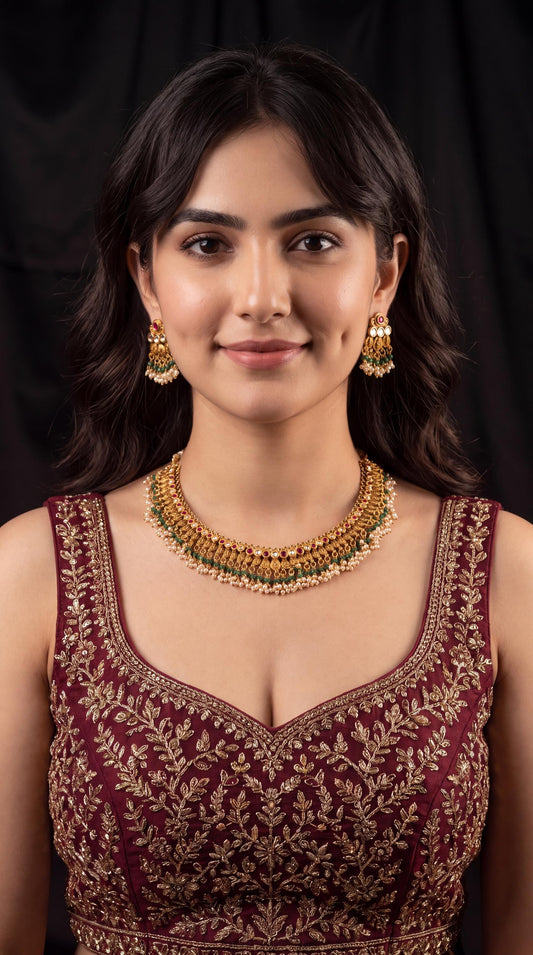 Antique Gold Plated Choker Necklace Set/ Indian Wedding Necklace/ Beaded Jewelry/ Statement Necklace/ Bridal Necklace/ Minimalistic Necklace __etsy:8719895653
