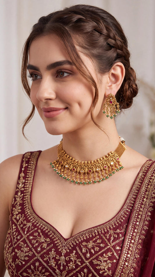 Gold Plated Kundan Choker Necklace Set/ Beaded Necklace with Small Earrings/ Statement Necklace/ Minimalistic Necklace/ Ruby/ Green/ Antique __etsy:8719907749