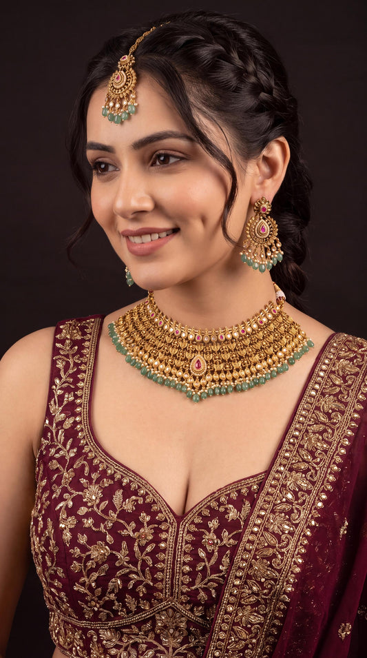 Indian Kundan Bridal Choker Necklace Set with Tikka/ Wedding Jewelry/ Heavy Bridal Necklace/ Statement Necklace/ Gold Plated Necklace __etsy:8719973009