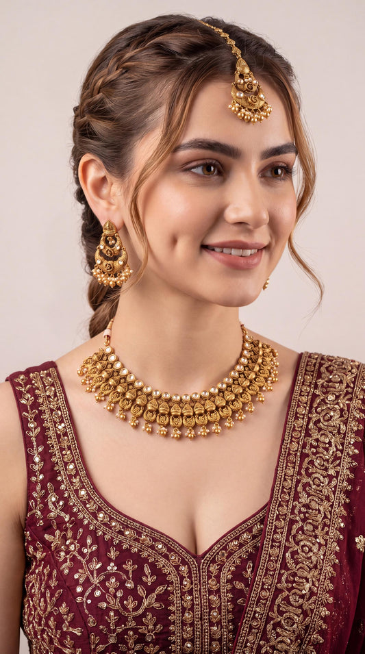 Exclusive Gold Plated Kundan Necklace Set/ Indian Bridal Jewelry/ Antique Necklace/ Traditional Jewelry/ Statement Necklace/ Maang Tikka __etsy:8720049869