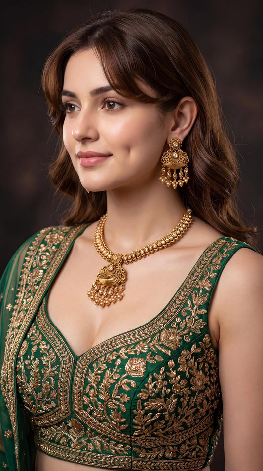 Exclusive Gold Plated Pendant Necklace Set/ One Gram Gold Necklace/ Antique Gold Jewelry/ South Indian Jewelry/ Kundan Statement Necklace __etsy:8720096697