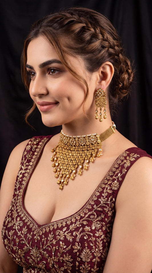 Premium Gold Plated Choker Necklace Set/ Waterfall Necklace/ Indian Wedding Jewelry/ Bridal Necklace/ Traditional Jewelry/ Statement Jewelry __etsy:8720134497