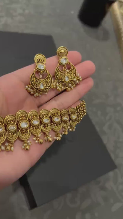 Premium Antique Gold Choker Necklace set/ Kundan Bridal Jewelry Set/ Indian Wedding Necklace/ Statement Choker/ Traditional Jewelry