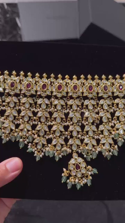 Royal Polki Kundan waterfall Choker Set/ Antique Gold Bridal Necklace Set with Green Beads/ Indian Wedding Jewelry/ Heavy Bridal Necklace