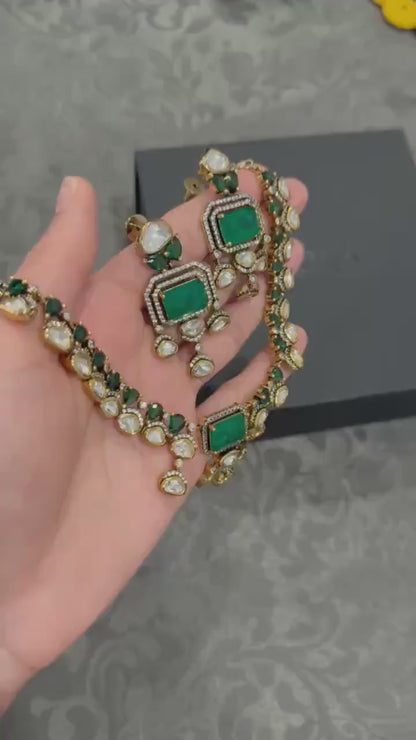 Statement Moissanite Necklace Set/ Emerald/ Bridal Choker Necklace Set/ Pakistani Jewelry/ Reception Wear/ Indian Jewelry/ Bollywood Jewelry