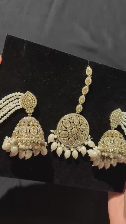 Premium Quality Pearl Sahara Earrings/ Indian Jewelry/ Maang Tikka/ Kundan Ear Chain Earrings/ Kaan Chain/ Gold Bahubali Chain Earrings
